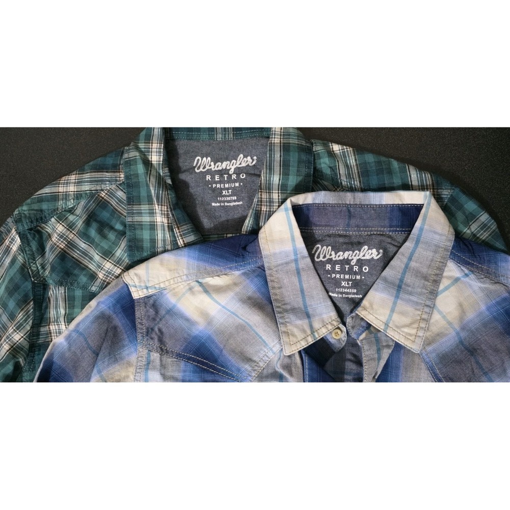 NWT 2 Wrangler Retro Premium Western Men XLT Pearl Snap Plaid Blue Green TALL